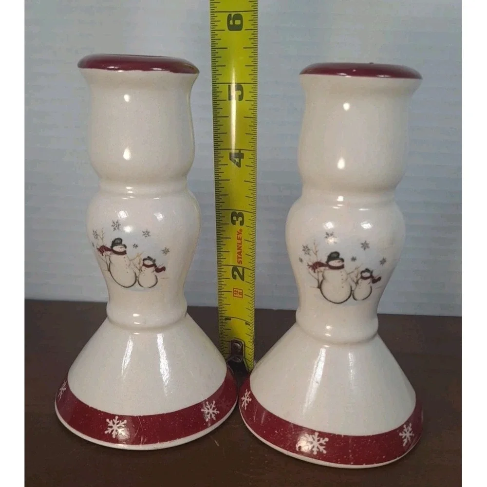 Set of 2 Royal Seasons Stoneware Jolly Snowman Candle Holders‎ Sticks 5-1/4